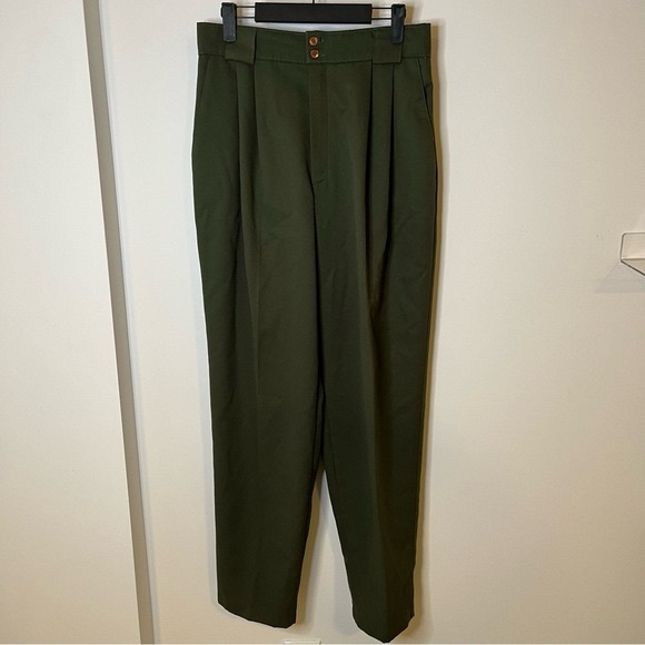 VINTAGE Olive Khaki Green Trousers Pleated Tapered Carrot Relaxed Fit Pants 8 10 - Picture 8 of 14